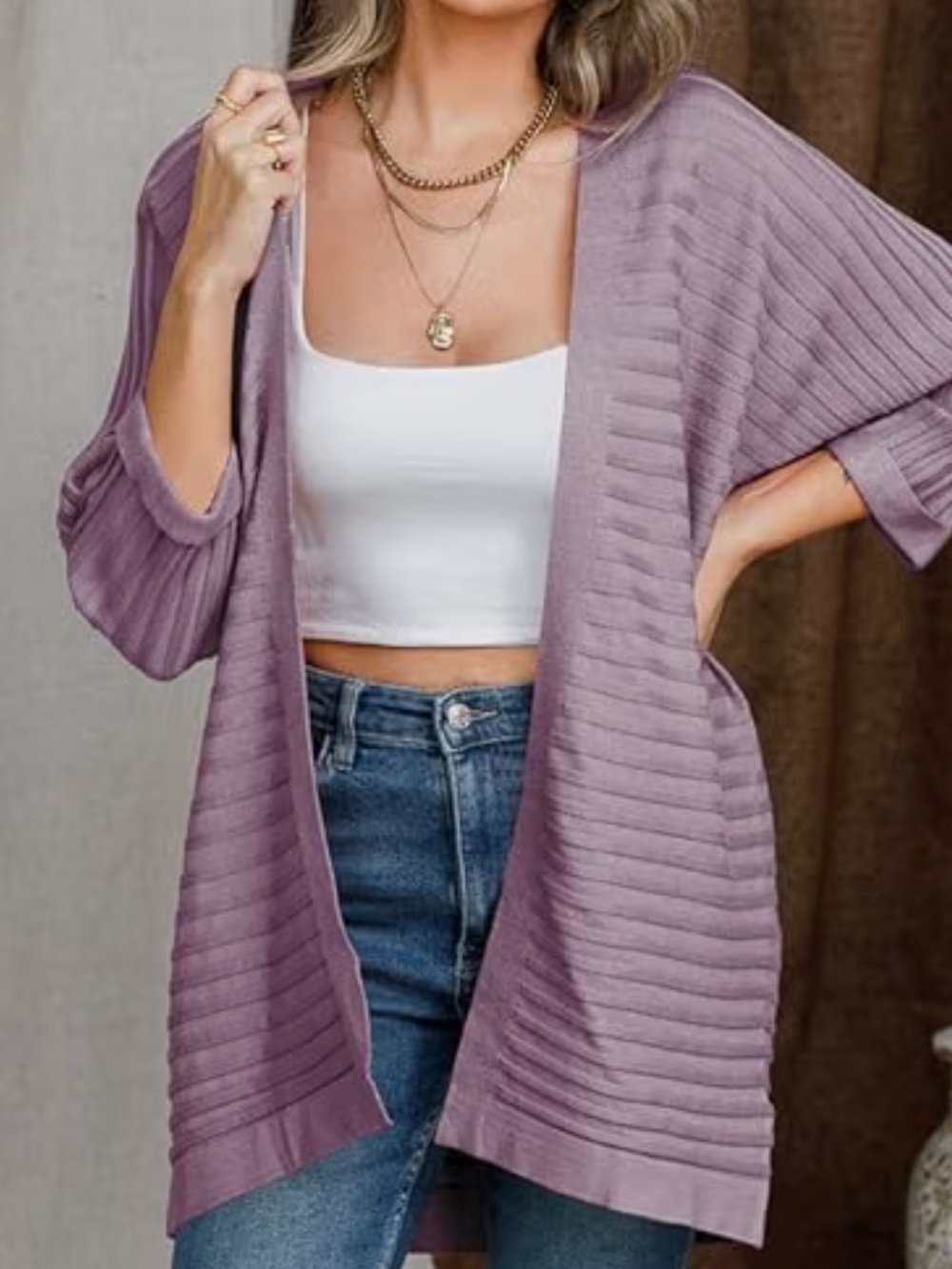 Nic & Lou Purple Ribbed Open Cardigan Women’s Medium